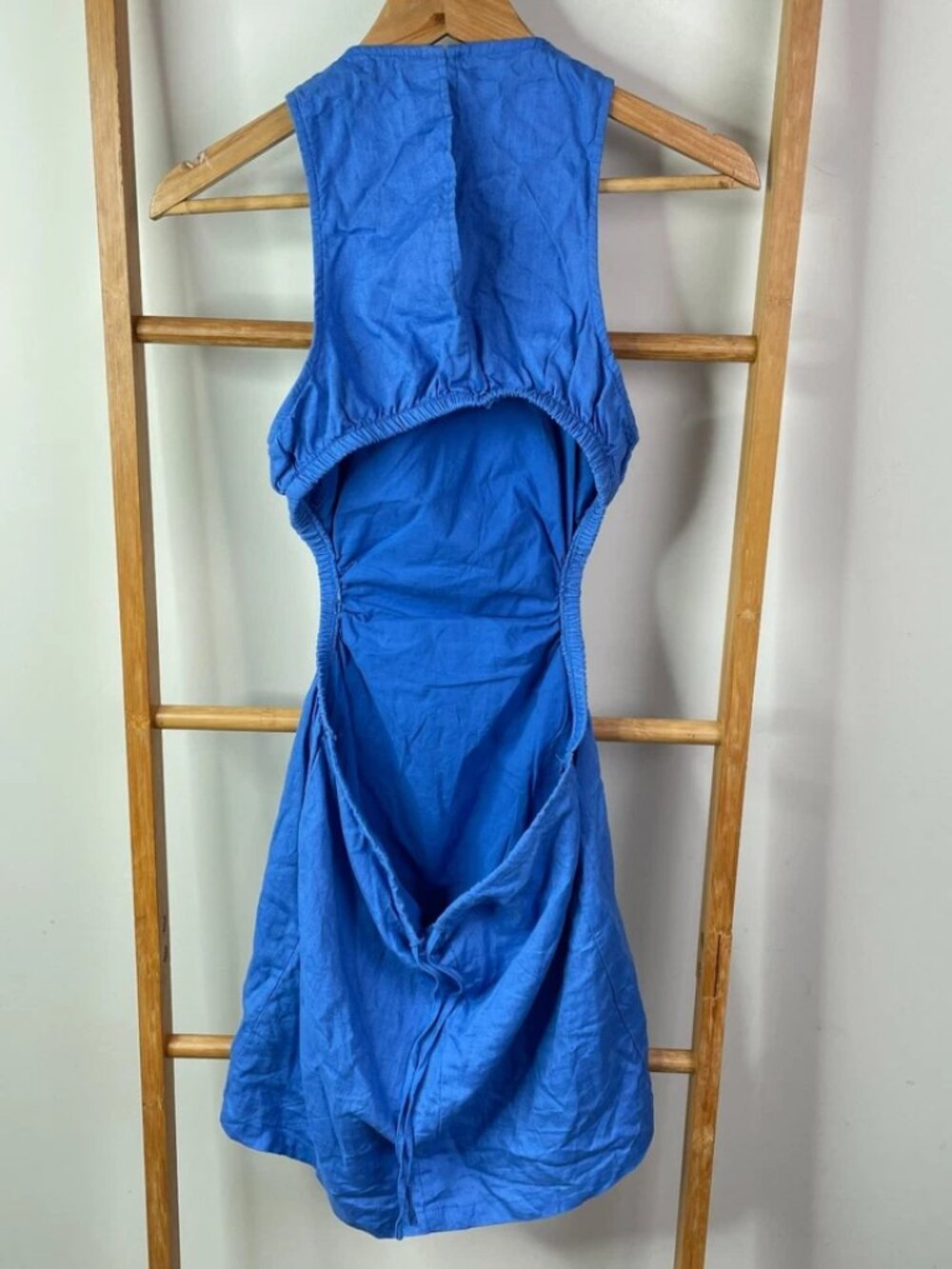Womens 6 Blue Cut Out Back Linen Round Neck Sleeveless Mini - Picture 5 of 5